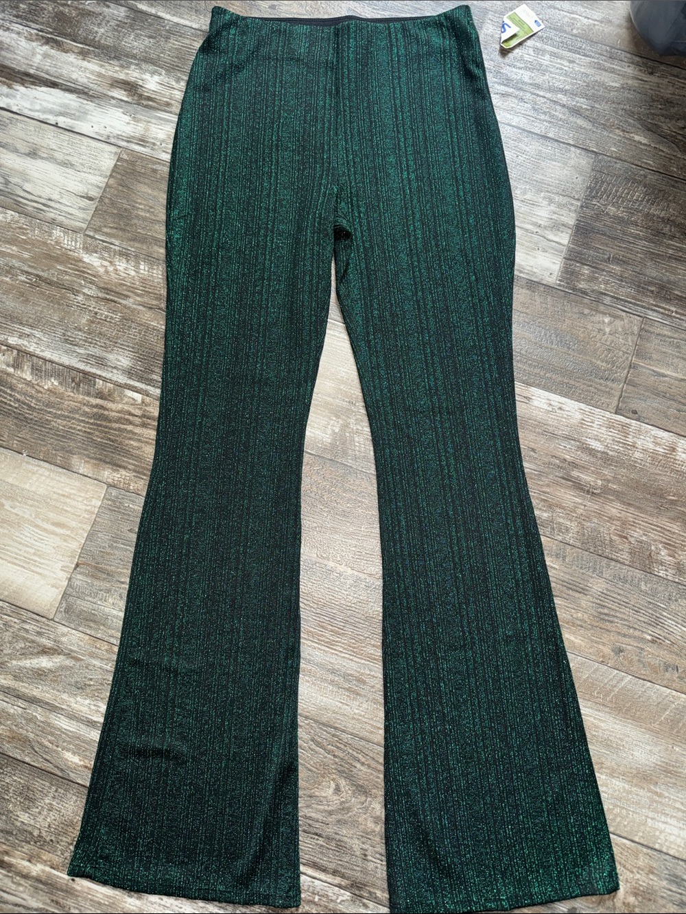 Metallic Green Ribbed Flare Pants